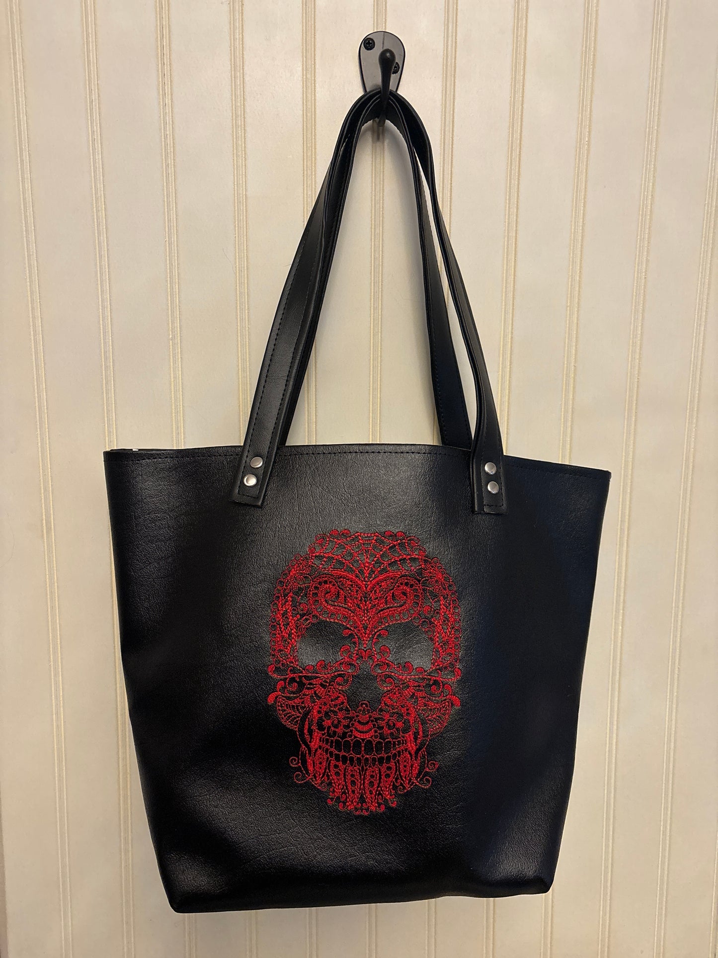 Red Embroidered Skull Vinyl Tote