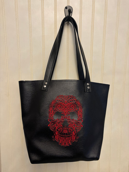 Red Embroidered Skull Vinyl Tote